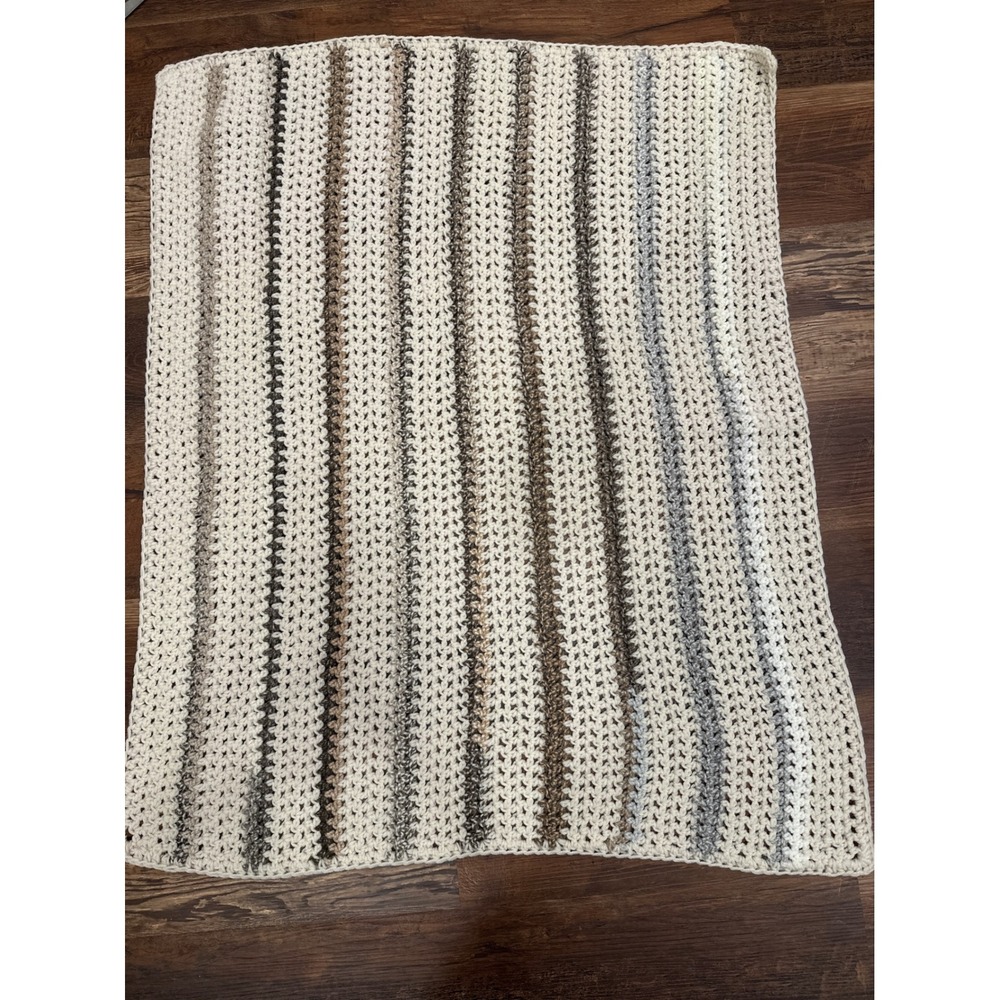 Handmade Crochet Afghan Blanket Neutral Striped Throw Cream Tan Grey Boho